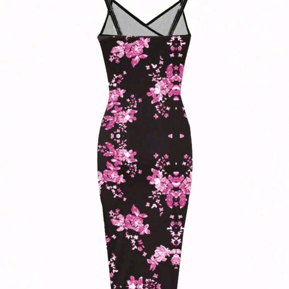 Calvaya Asymmetrical Hem High Side Split Spaghetti Strap Cross Back Bodycon Dres - Picture 3 of 4